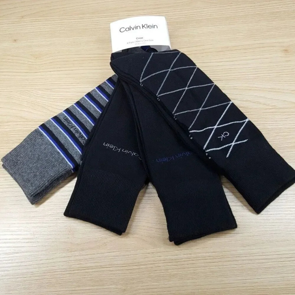 CALVIN KLEIN Mens Crew Dress Socks Black Gray 4-Pack Cotton Blend Logo